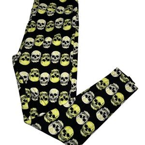 LuLaRoe Black Leggings with Yellow & White Skull Print